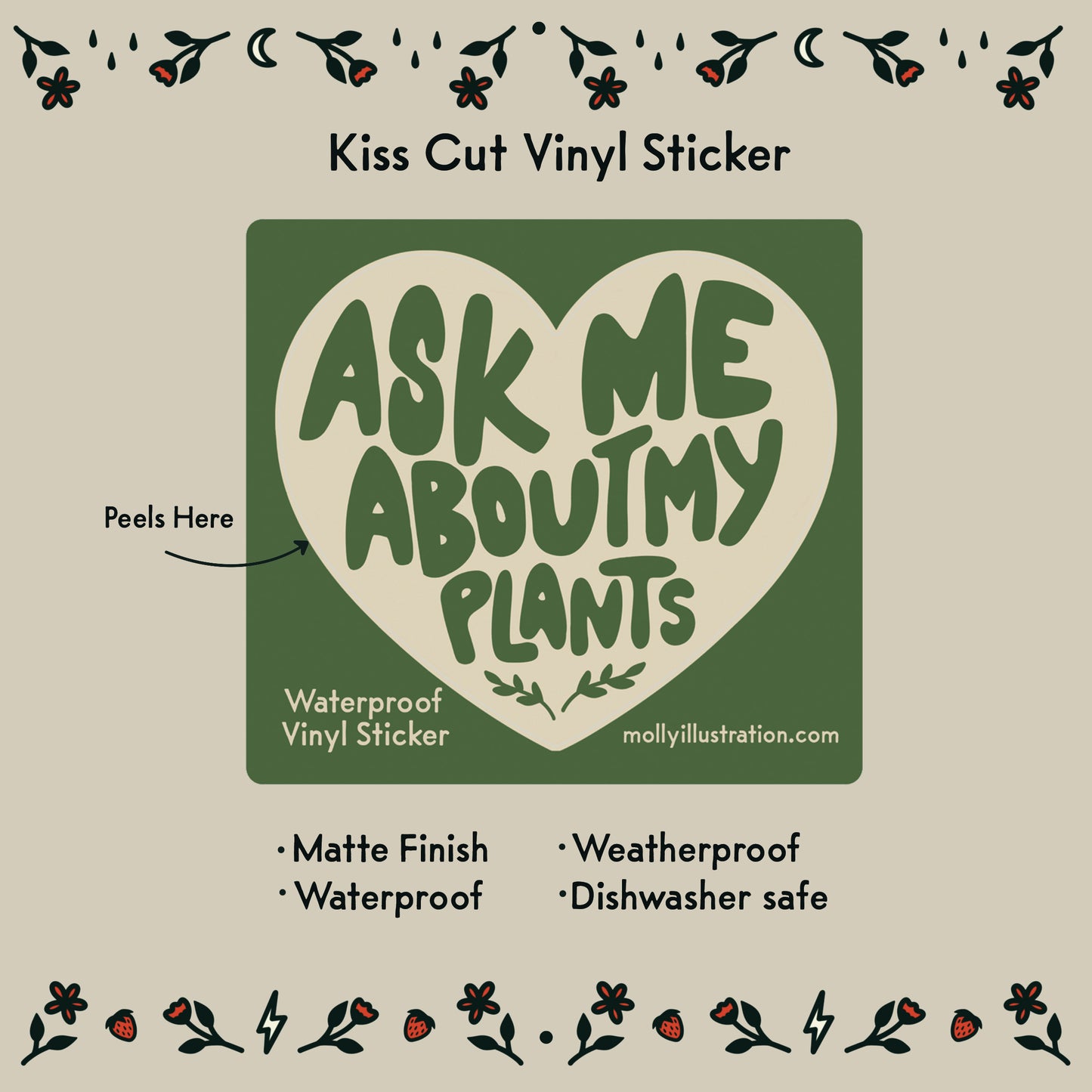 Vinyl sticker with heart-shaped text 'Ask Me About My Plants' on a beige background