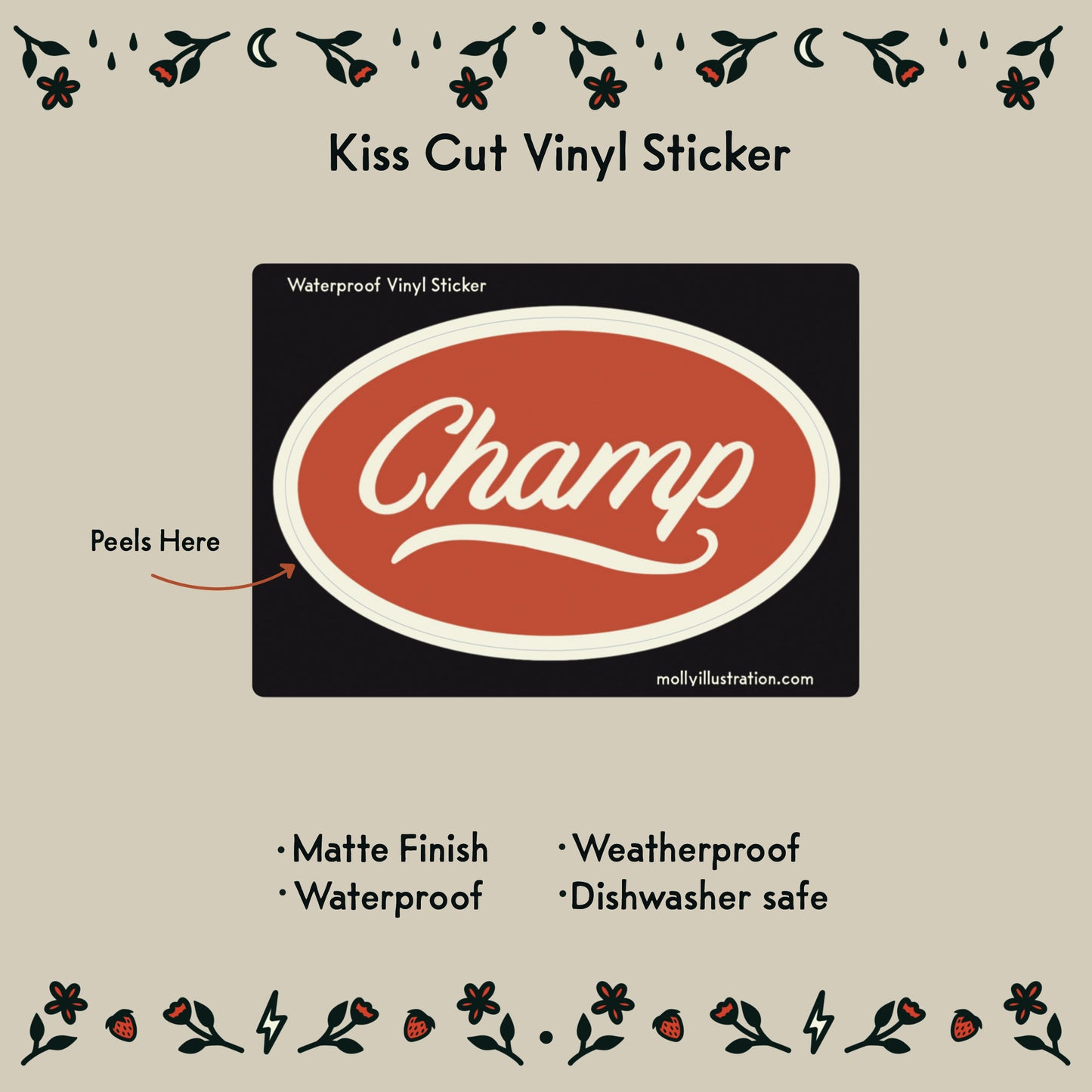 A sticker that is a Red and white oval with the word champ in the center in script font.