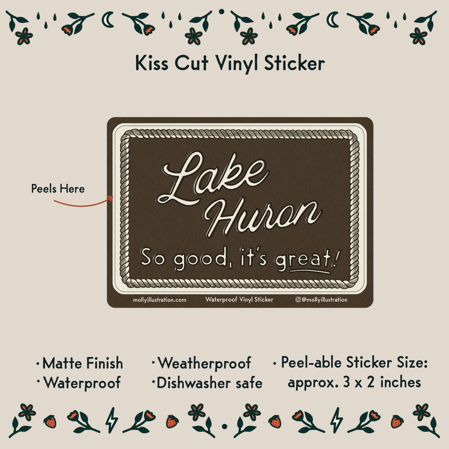 a brown rectangular vinyl sticker that reads "Lake Huron, So good, it's great!" in off white lettering with an illustrated rope border above the text:
- Peelable sticker size approx: 3x2 inches
- Matte Finish
- Waterproof
- Weatherproof
- Dishwasher safe