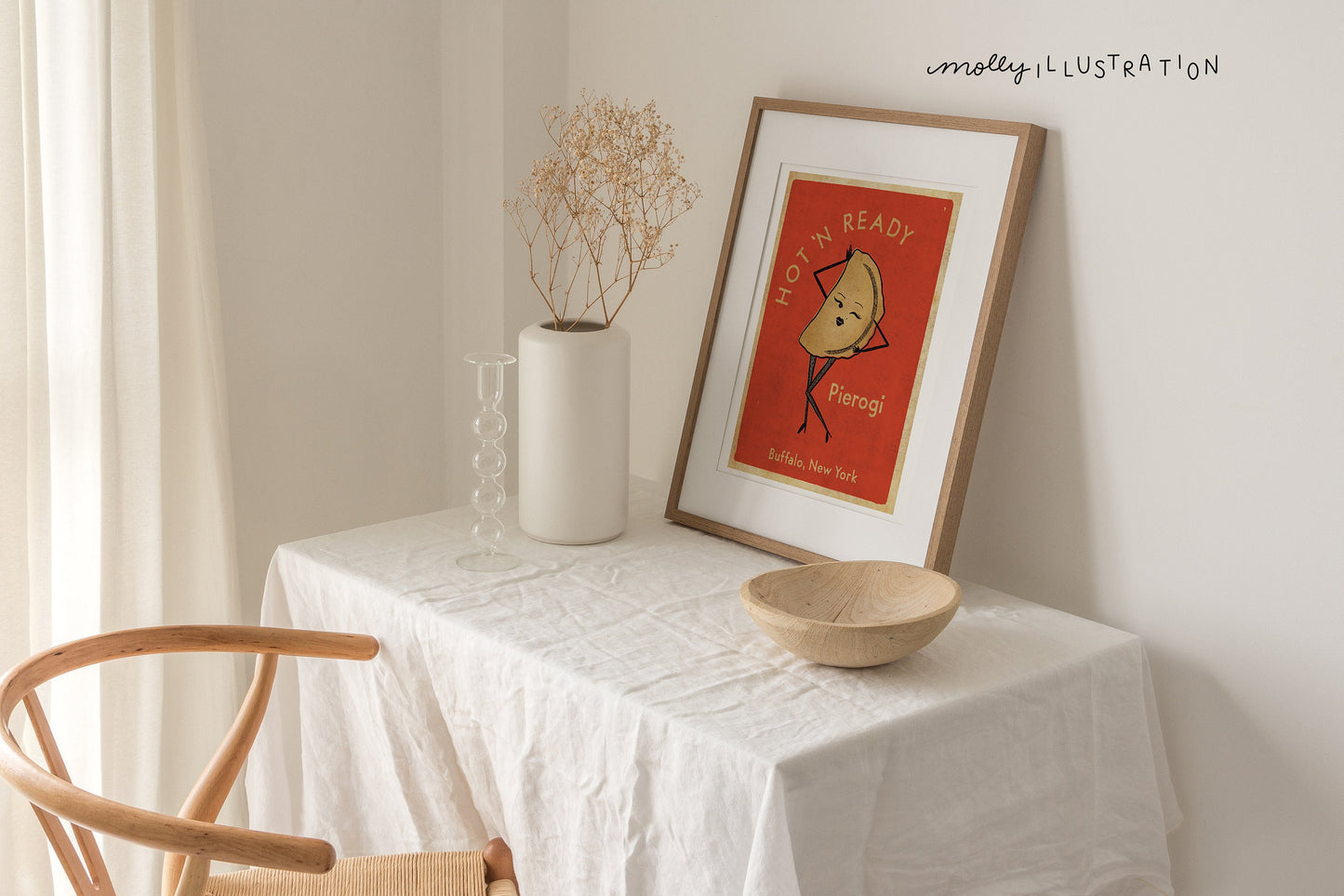 a vintage inspired illustrated art print of a cartoon pierogi with text that reads "Hot n Ready Pierogi, Buffalo New York" around it.