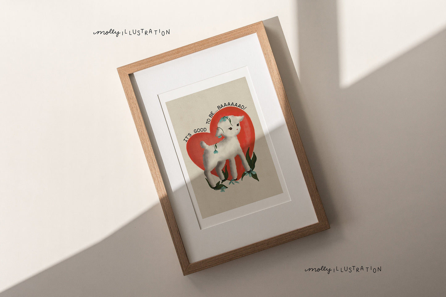 An illustrated art print of a cartoon lamb crushing a flower garden that reads "it's good to be baaaaaad!"