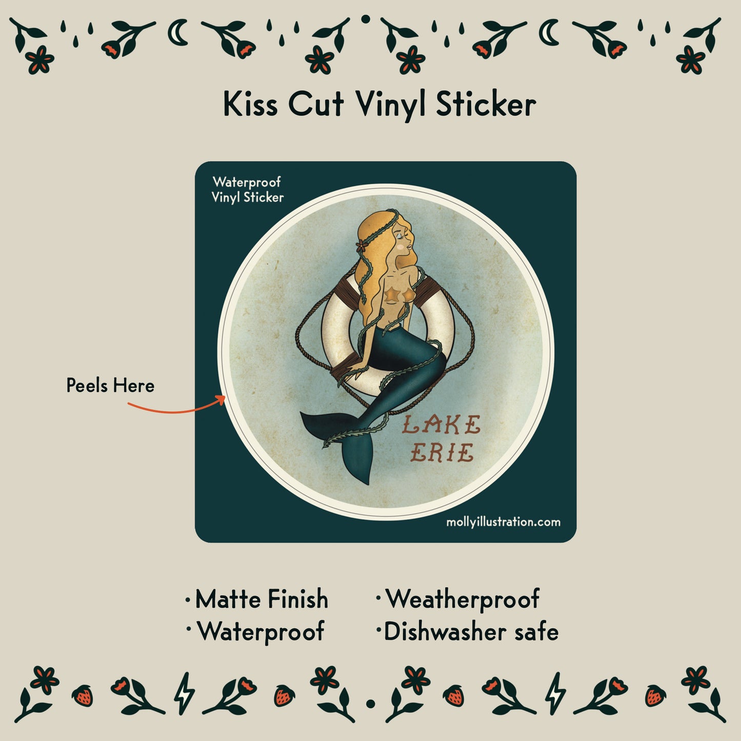 Kiss cut vinyl sticker of a mermaid with 'Lake Erie' text on a decorative border.