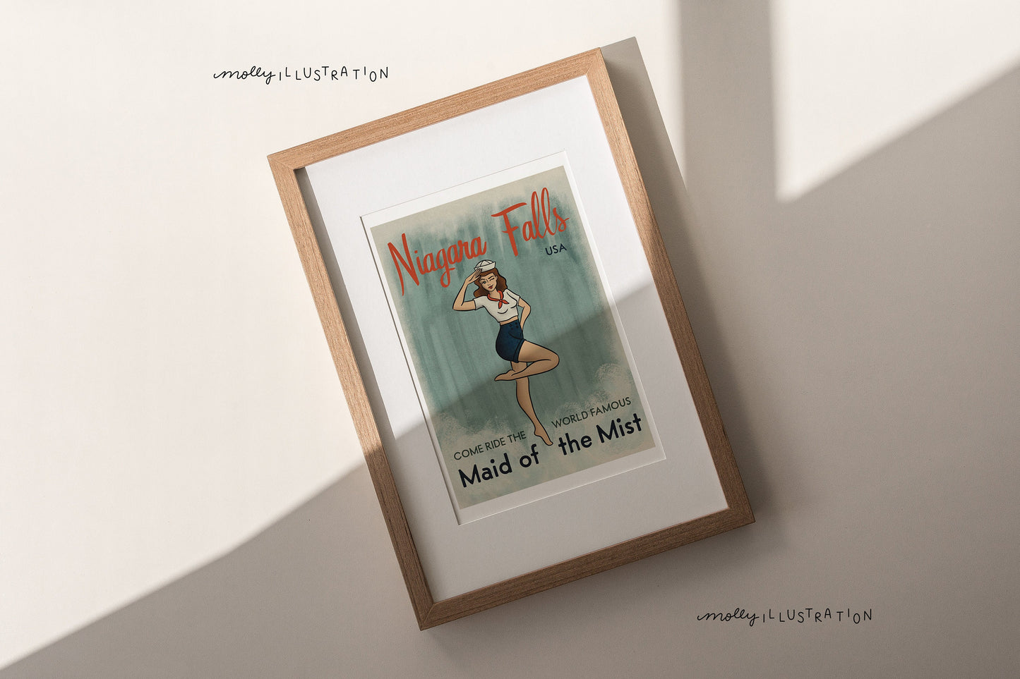 an illustrated art print that shows a pin up girl that reads "Niagara Falls, USA. Come ride the world famous Maid of the Mist."