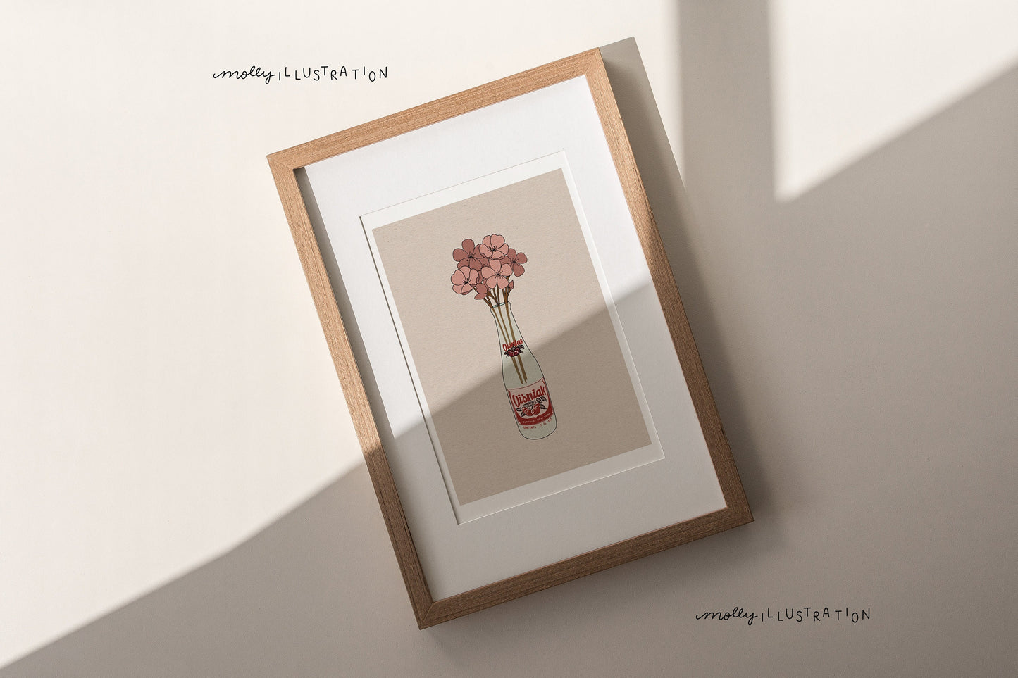 an illustrated art print that shows an illustrated visniak soda bottle holding cherry blossom flowers.