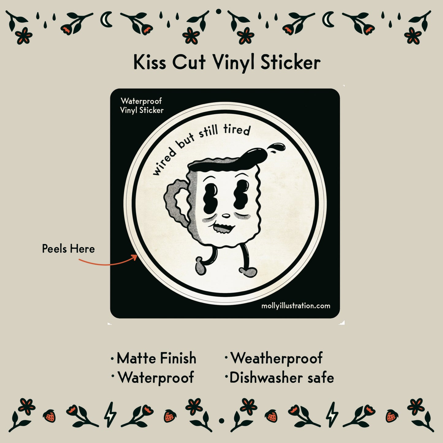 a waterproof vinyl sticker of a rubber hose style cartoon coffee cup that is jittery.
