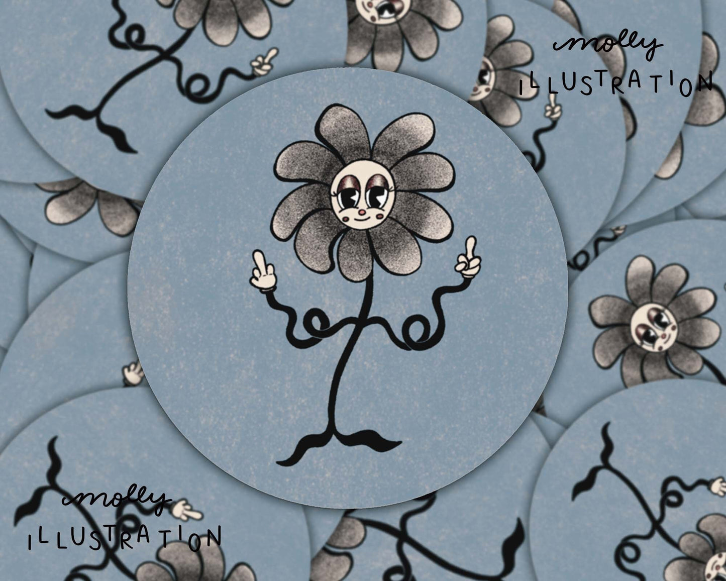 A kiss cut vinyl sticker of a cartoon daisy flipping the bird over a blue background.