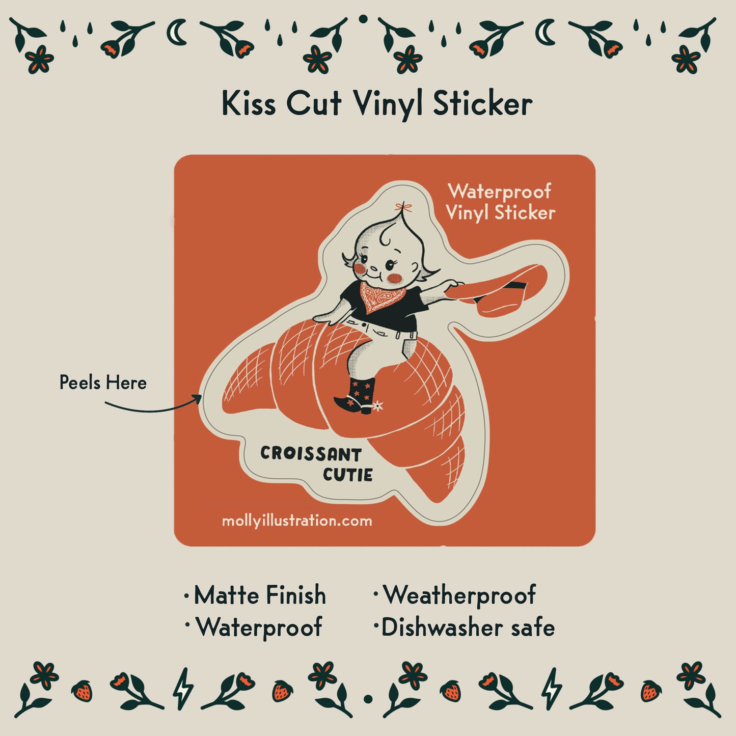 a kiss cut illustrated waterproof vinyl sticker of a cartoon croissant cutie cowgirl.
Item Details listed below:
- Matte Finish
- Waterproof
- Weatherproof
- Dishwasher safe