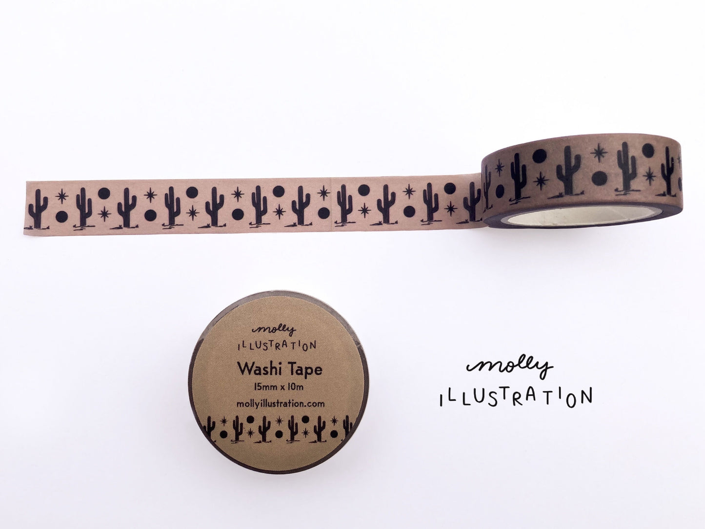 A roll of illustrated washi tape printed with cacti and a moon, sun and stars.
