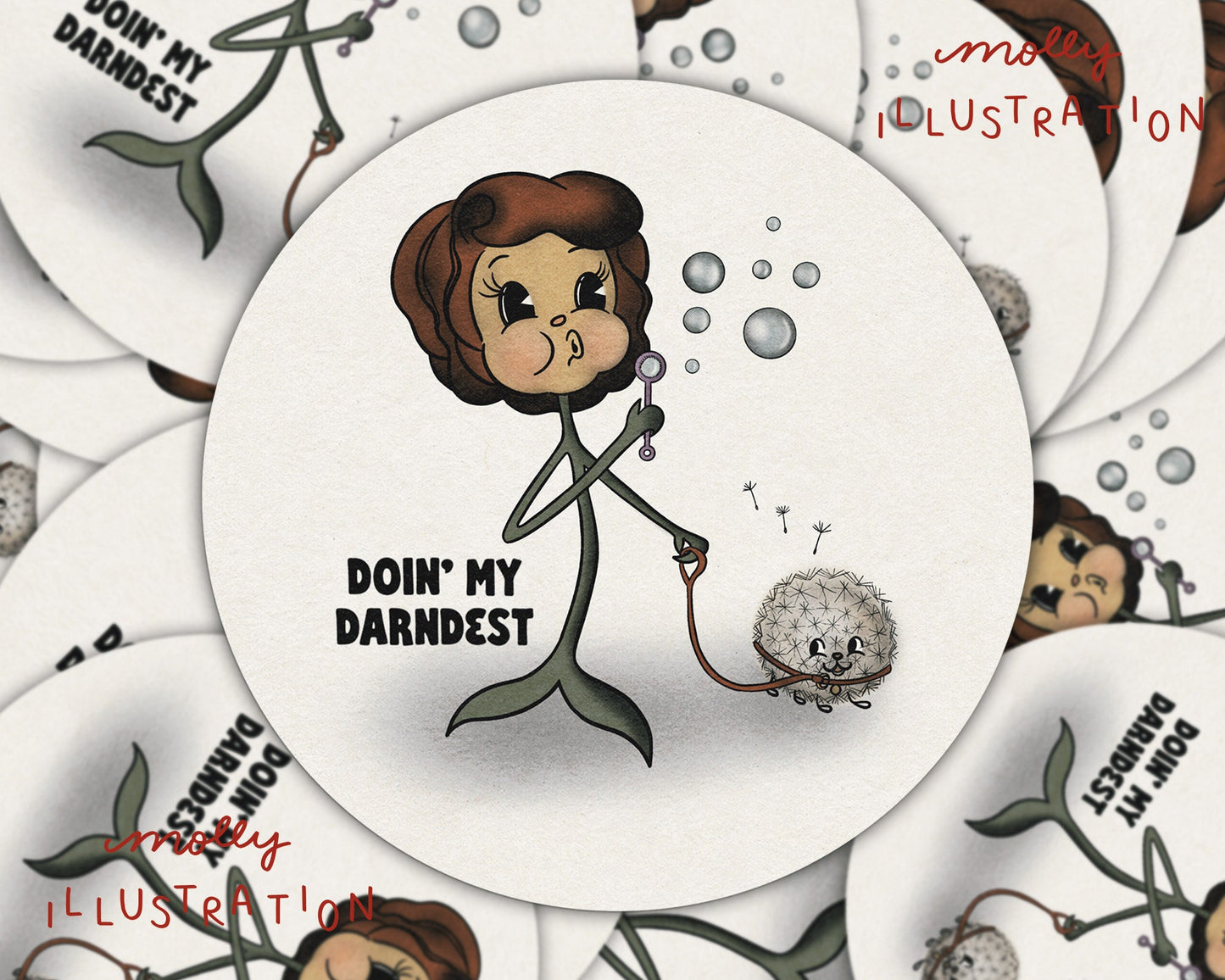 A round vinyl sticker of a cartoon flower blowing bubbles, walking her dandelion that reads "Doin my Darndest"
