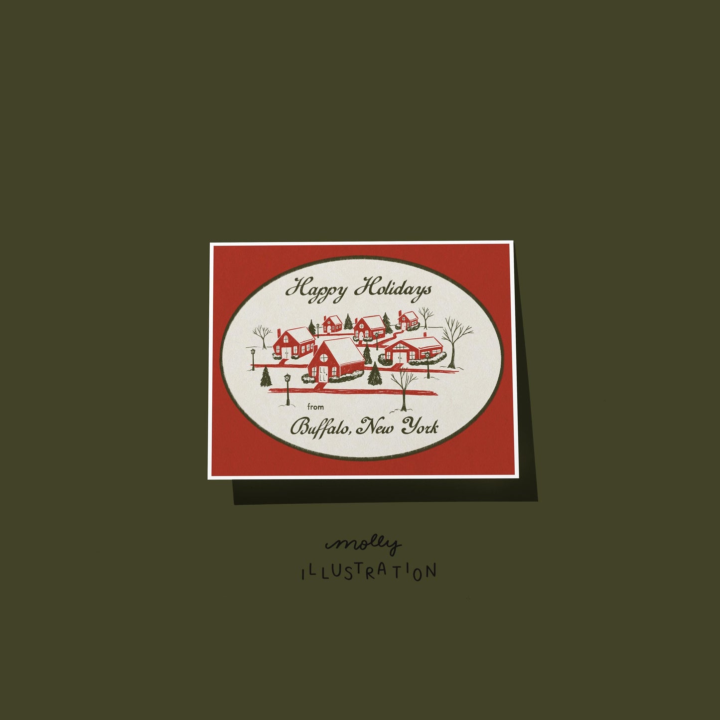 an illustrated greeting card that reads "Happy Holidays from Buffalo New York!" surrounding a red and green illustration of a snowy village.