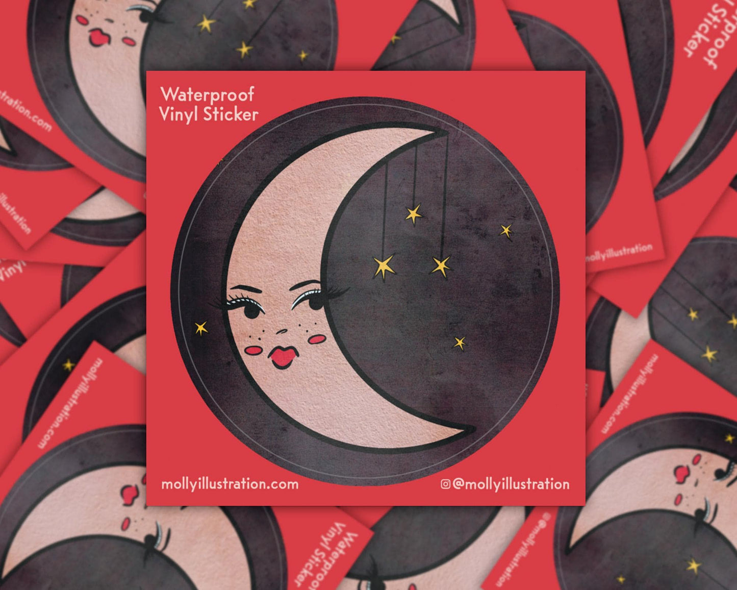 A waterproof kiss cut vinyl sticker of an illustrated moon.