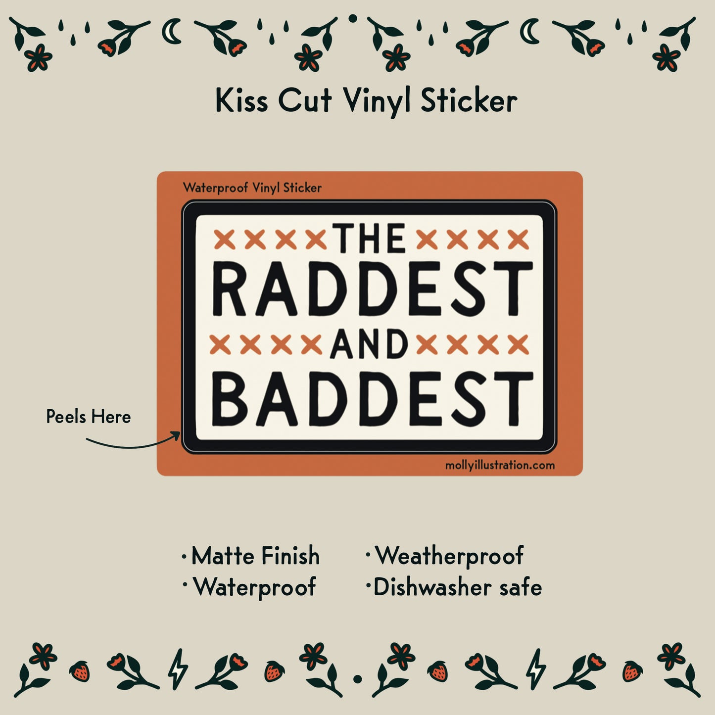 A red and white kiss cut vinyl sticker that reads "the raddest and baddest."
listed item details: - Matte Finish
- Waterproof
- Weatherproof
- Dishwasher safe