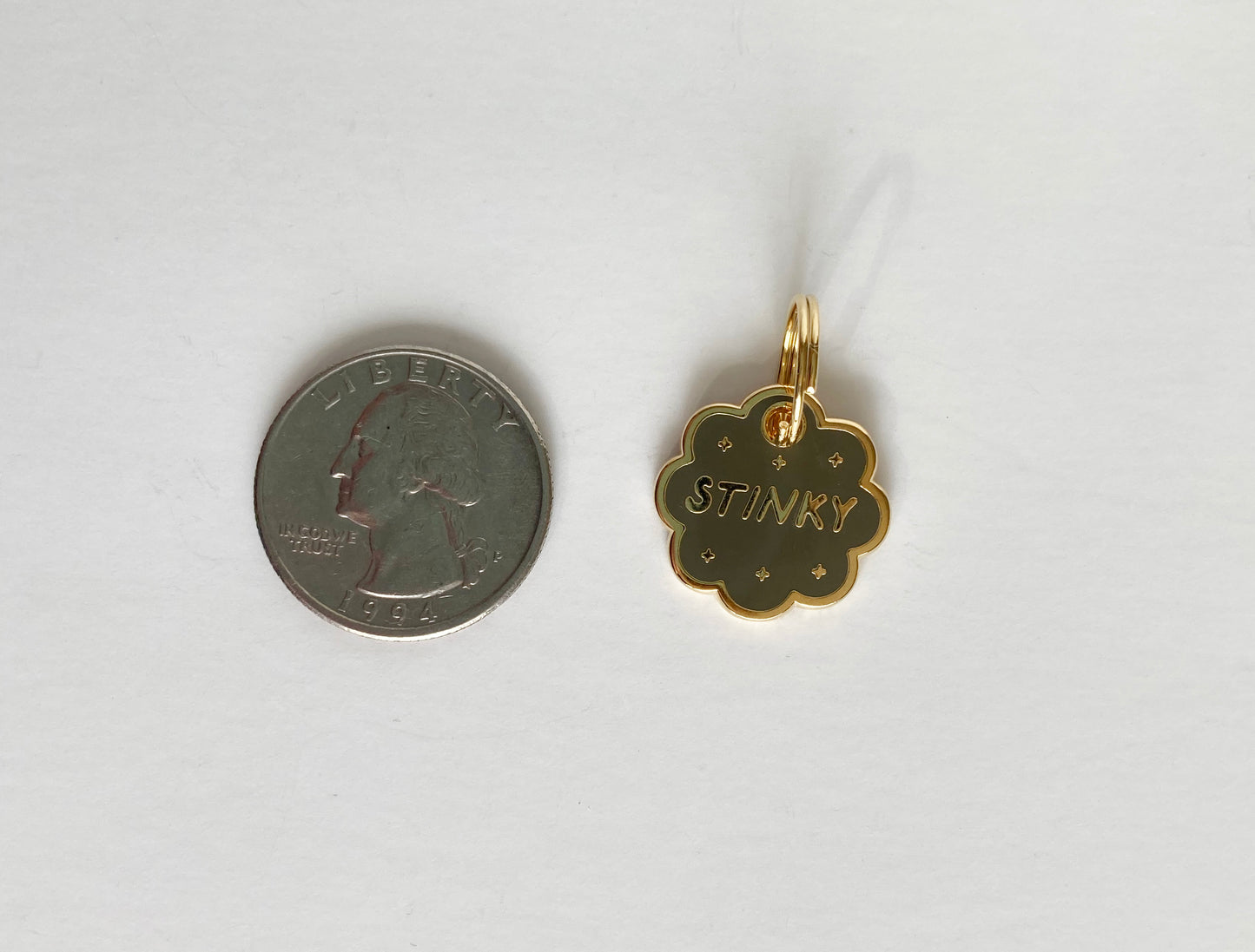 A hard enamel pet collar charm that reads “Stinky”