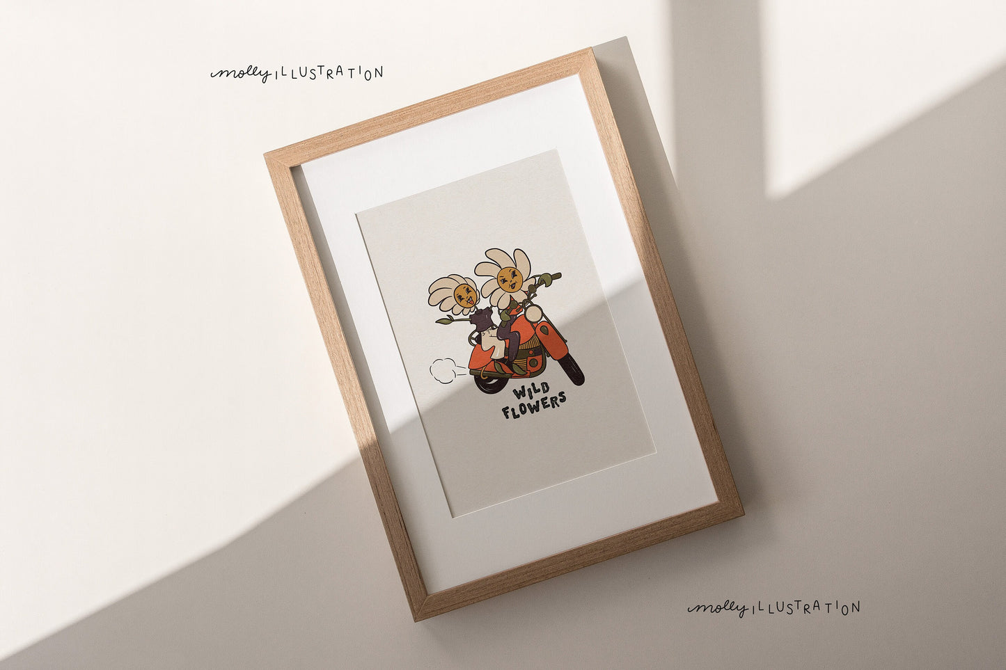 An illustrated art print of two wild flower characters riding a motorcycle.