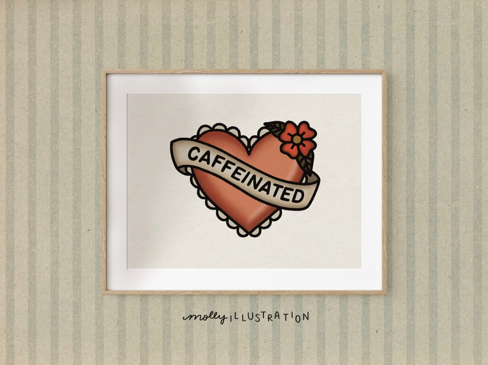 Framed illustration of a heart with 'CAFFEINATED' text on a striped wall background