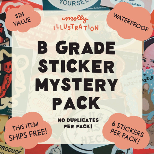 A B-Grade sticker mystery pack. 
Item details are:
-$24 value
-waterproof
-this item ships free
-6 stickers per pack
