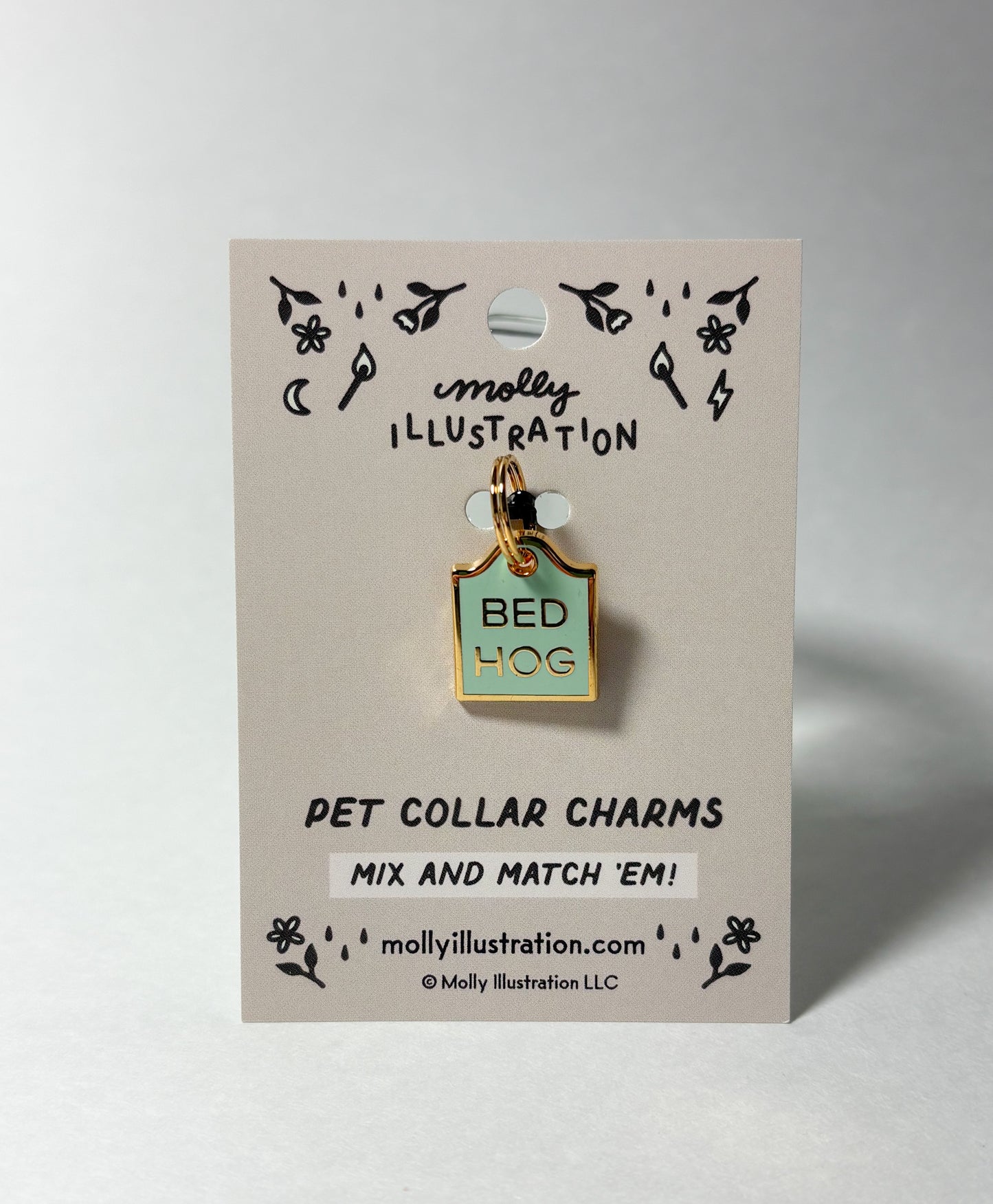 A gold and mint green pet collar charm on a Molly Illustration backer card
