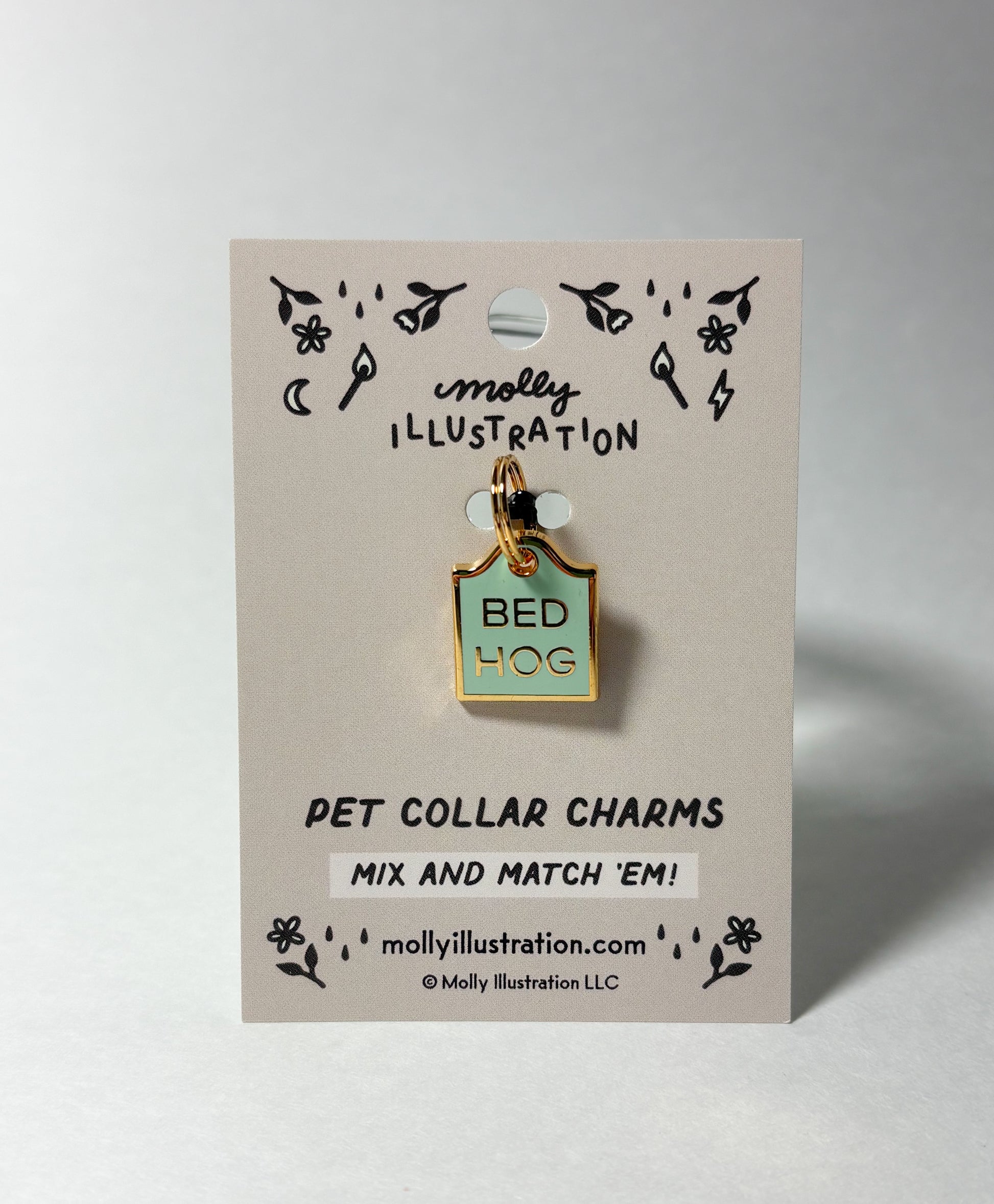 A gold and mint green pet collar charm on a Molly Illustration backer card