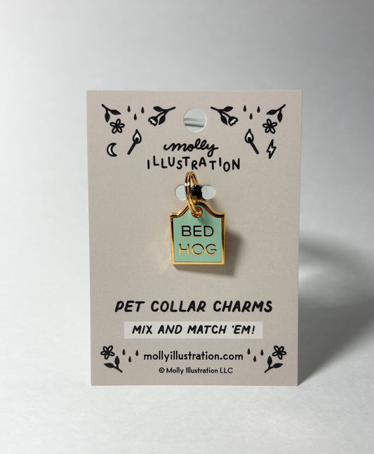 A gold and mint green pet collar charm on a Molly Illustration backer card