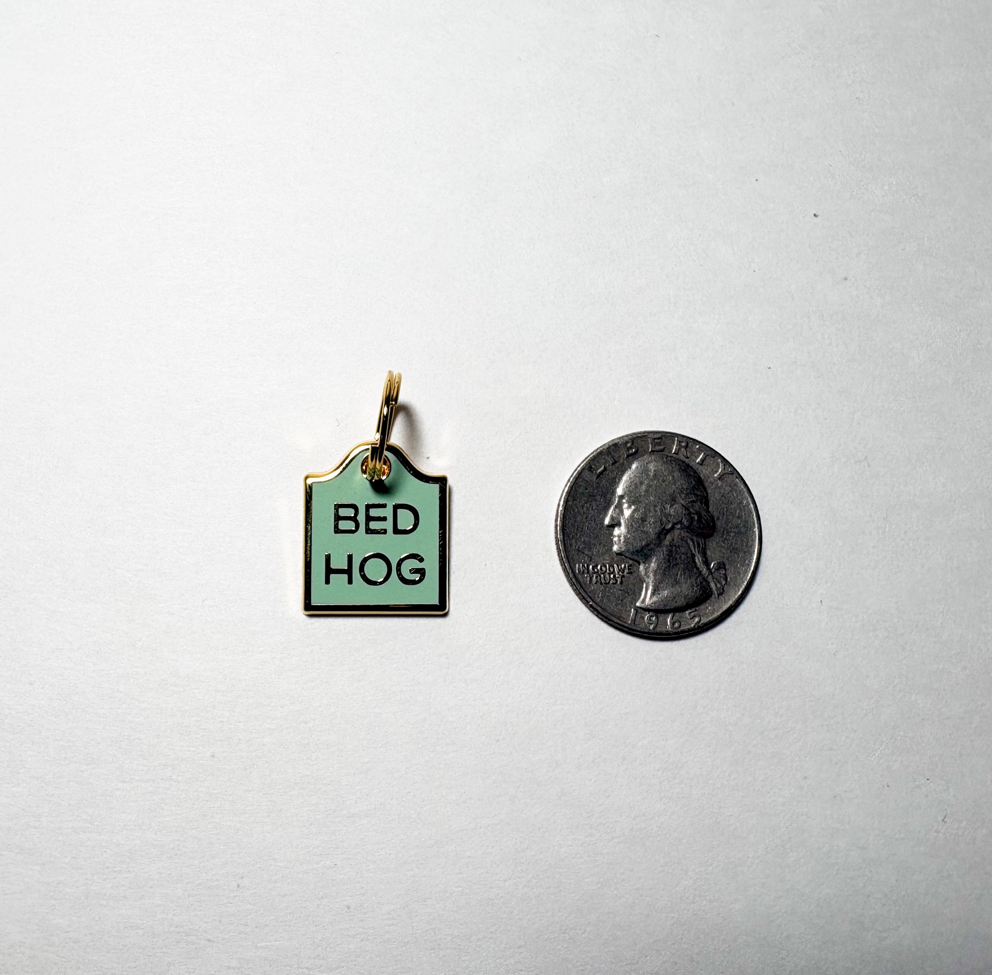 Green and gold colored pet collar charm labeled 'BED HOG' next to a quarter on a white background