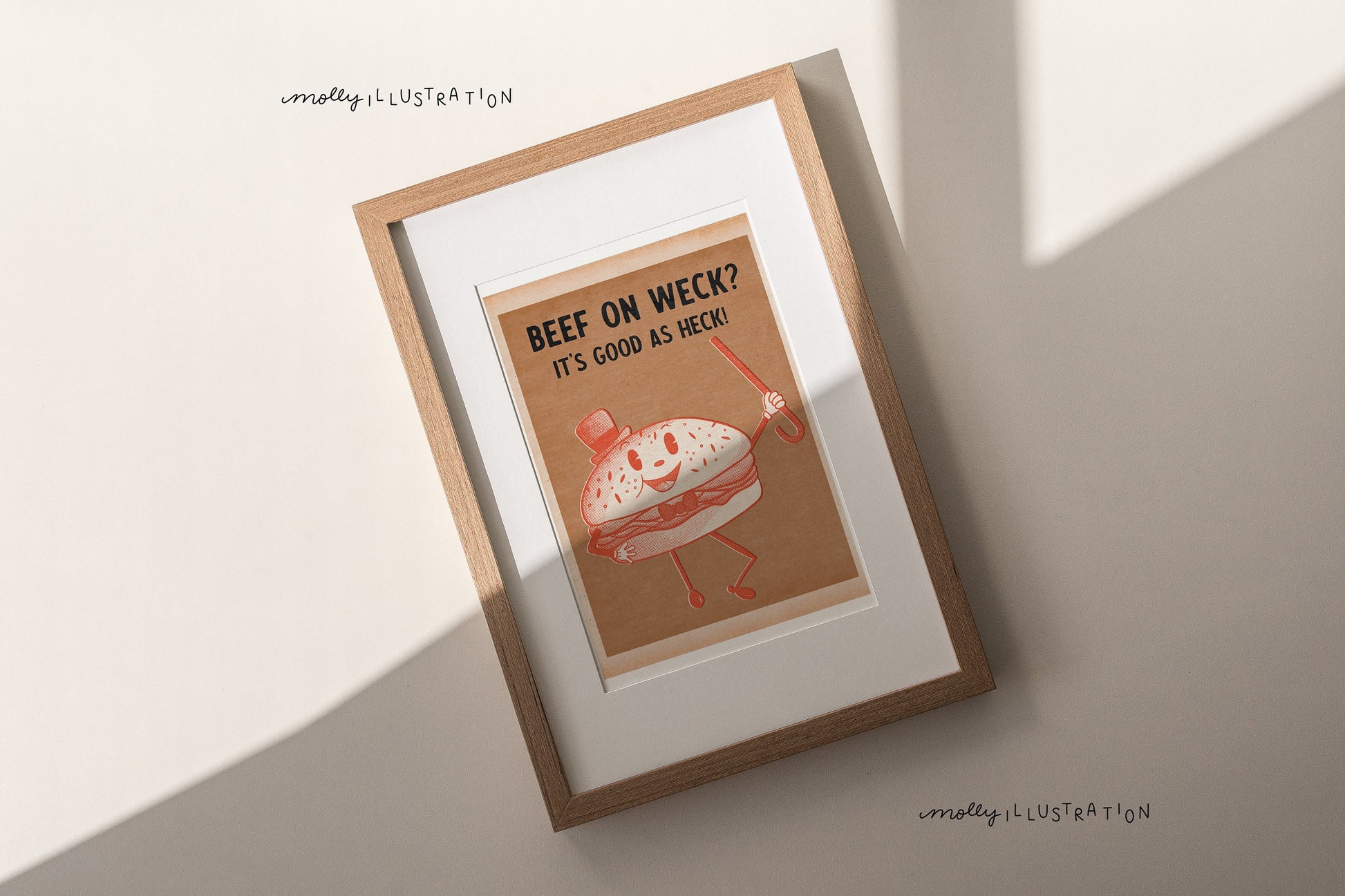 An art print of an illustrated sandwich that reads "Beef on Weck? It's good as heck!"