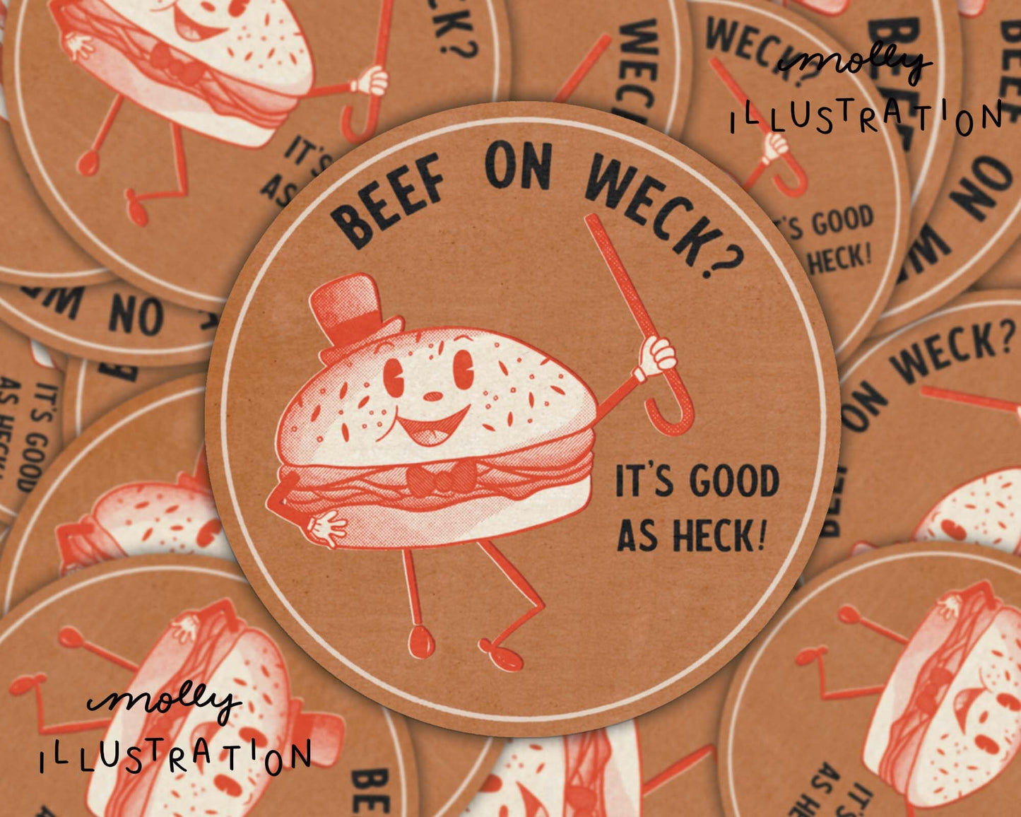 An illustrated waterproof vinyl sticker sandwich that reads "Beef on Weck? It's good as heck!"