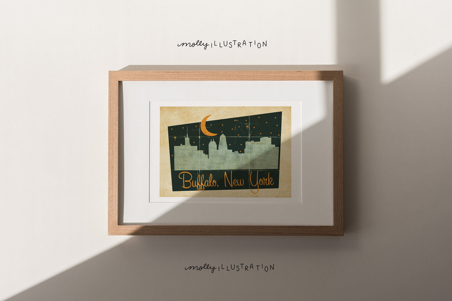 an illustrated midcentury style art print of the Buffalo city skyline at night. Beneath it reads "Buffalo, New York."