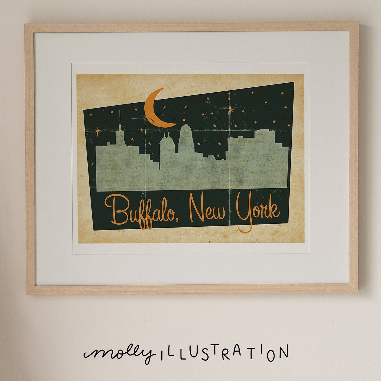 an illustrated midcentury style art print of the Buffalo city skyline at night. Beneath it reads "Buffalo, New York."