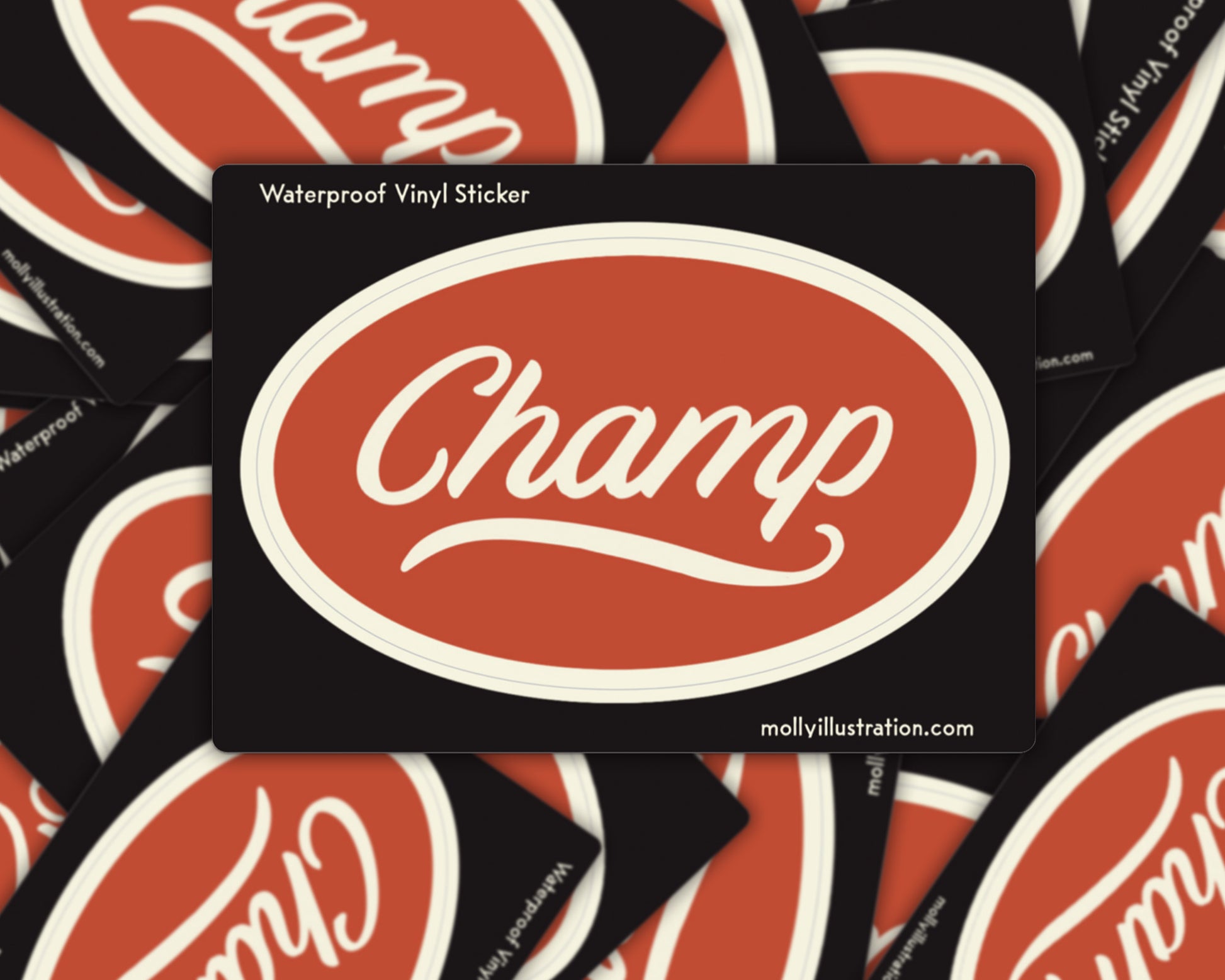 A sticker that is a Red and white oval with the word champ in the center in script font.