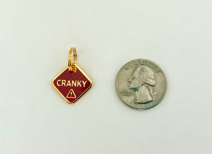 Small red and gold 'CRANKY' pet collar charm next to a quarter on a white background