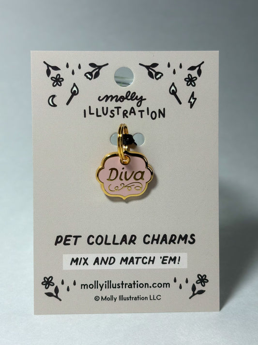 Pink and gold colored pet collar charm that reads "Diva" on a Molly Illustration backer card.