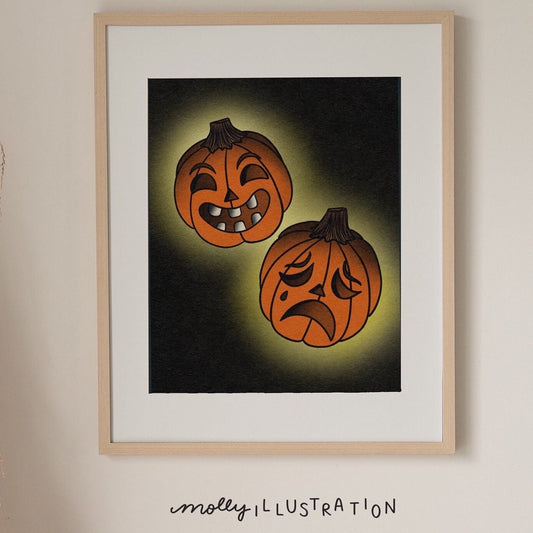 an illustrated art print of  cartoon drama and comedy masks carved into pumpkins.