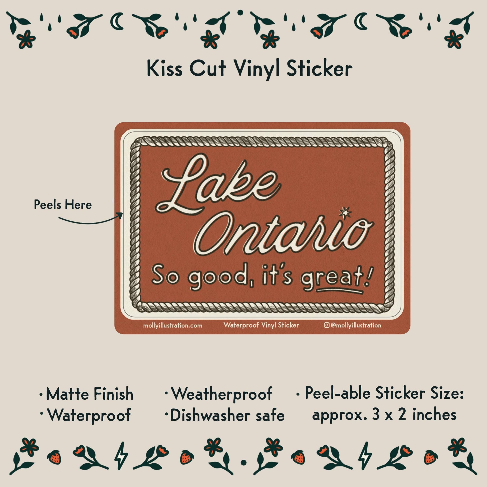 a red rectangular vinyl sticker that reads "Lake Ontario, So good, it's great!" in off white lettering with an illustrated rope border
Item Details listed below:
- Peelable Sticker size: approx 3 x2 inches
- Matte Finish
- Waterproof
- Weatherproof
- Dishwasher safe