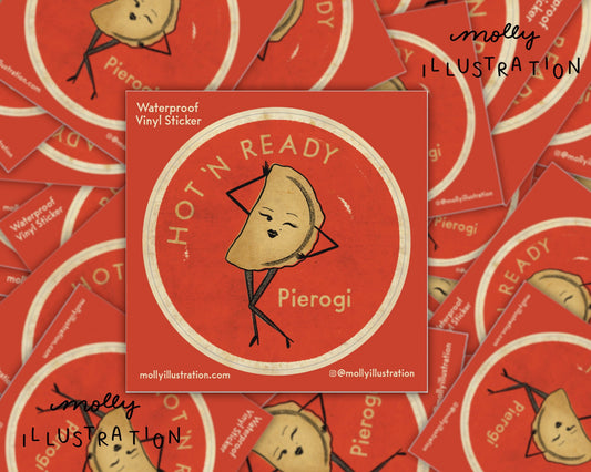 a vintage inspired illustrated waterproof vinyl sticker of a cartoon pierogi with text that reads "Hot n Ready Pierogi" around it. 