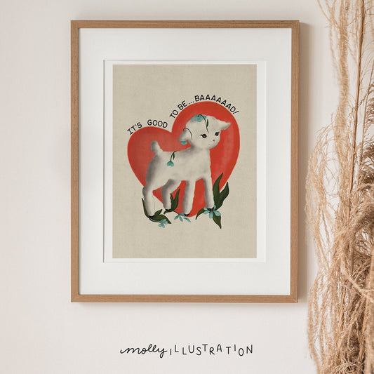 An illustrated art print of a cartoon lamb crushing a flower garden that reads "it's good to be baaaaaad!"