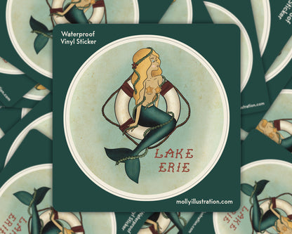 an illustrated waterproof vinyl sticker that shows a pin up girl mermaid that reads "Lake Erie."
