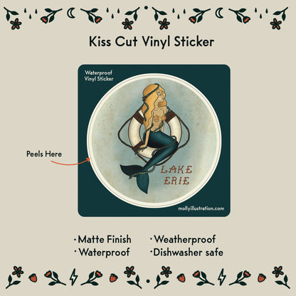 Kiss cut vinyl sticker of a mermaid with 'Lake Erie' text on a decorative border.