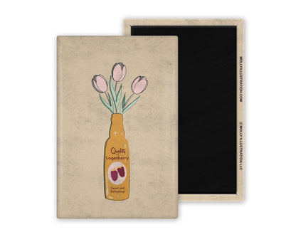 a vintage inspired illustrated refrigerator magnet of a loganberry bottle with tulips in it. Beside it is the back view of the magnet flipped over.