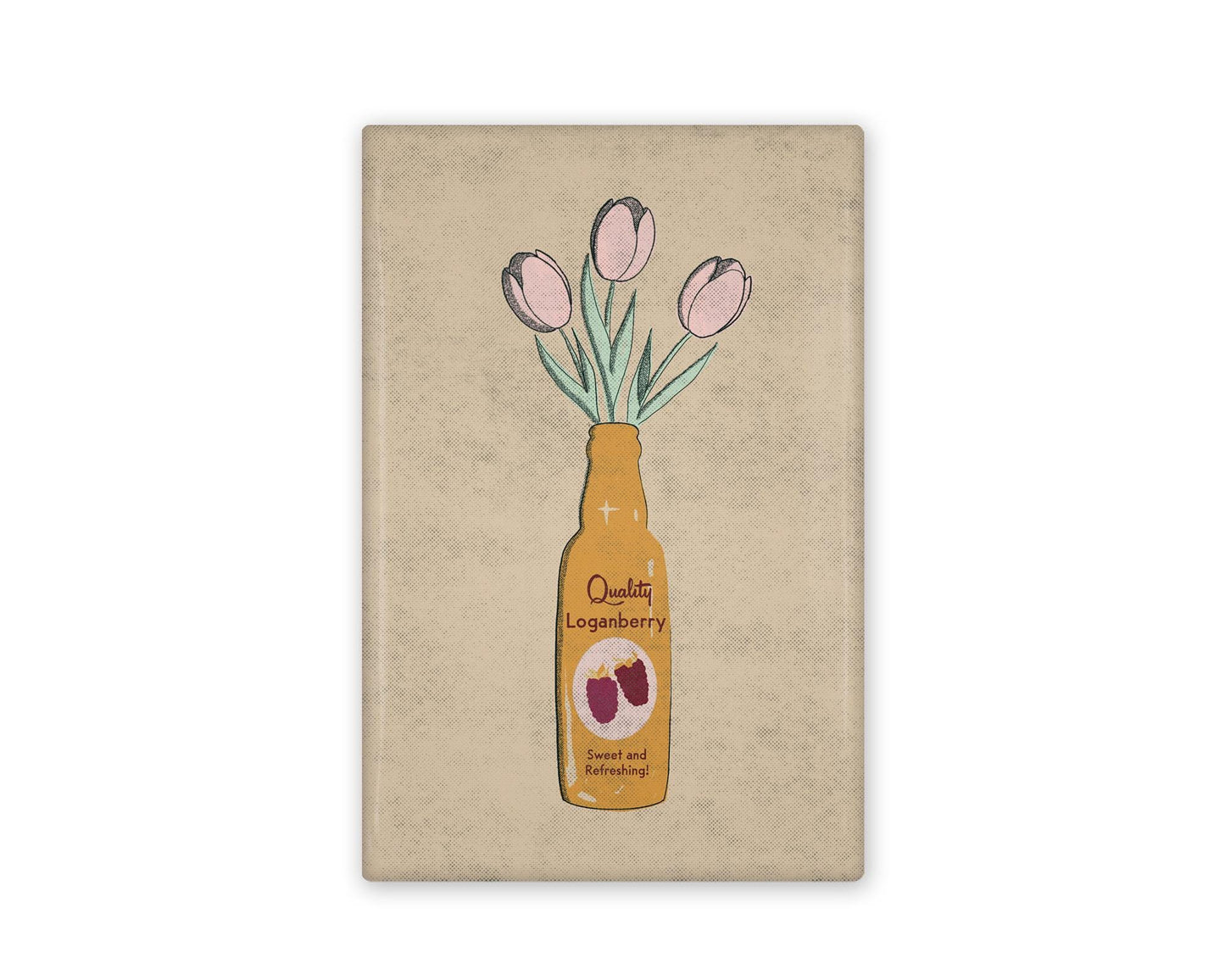 a vintage inspired illustrated refrigerator magnet of a loganberry bottle with tulips in it. Beside it is the back view of the magnet flipped over.