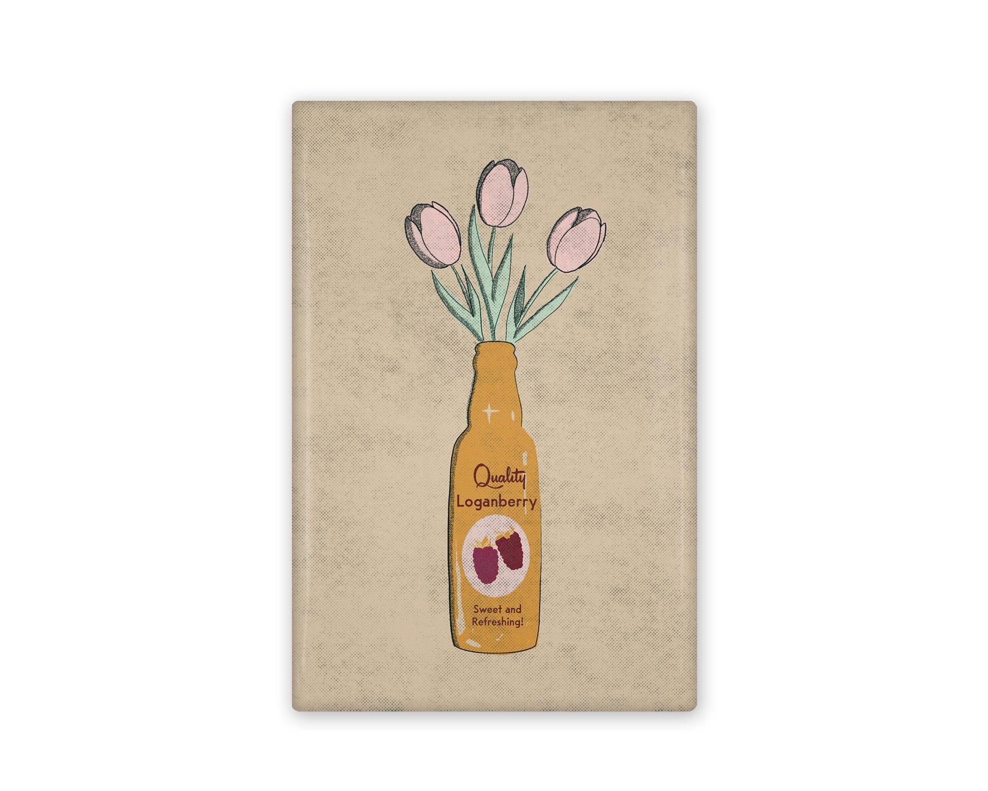 a vintage inspired illustrated refrigerator magnet of a loganberry bottle with tulips in it. Beside it is the back view of the magnet flipped over.