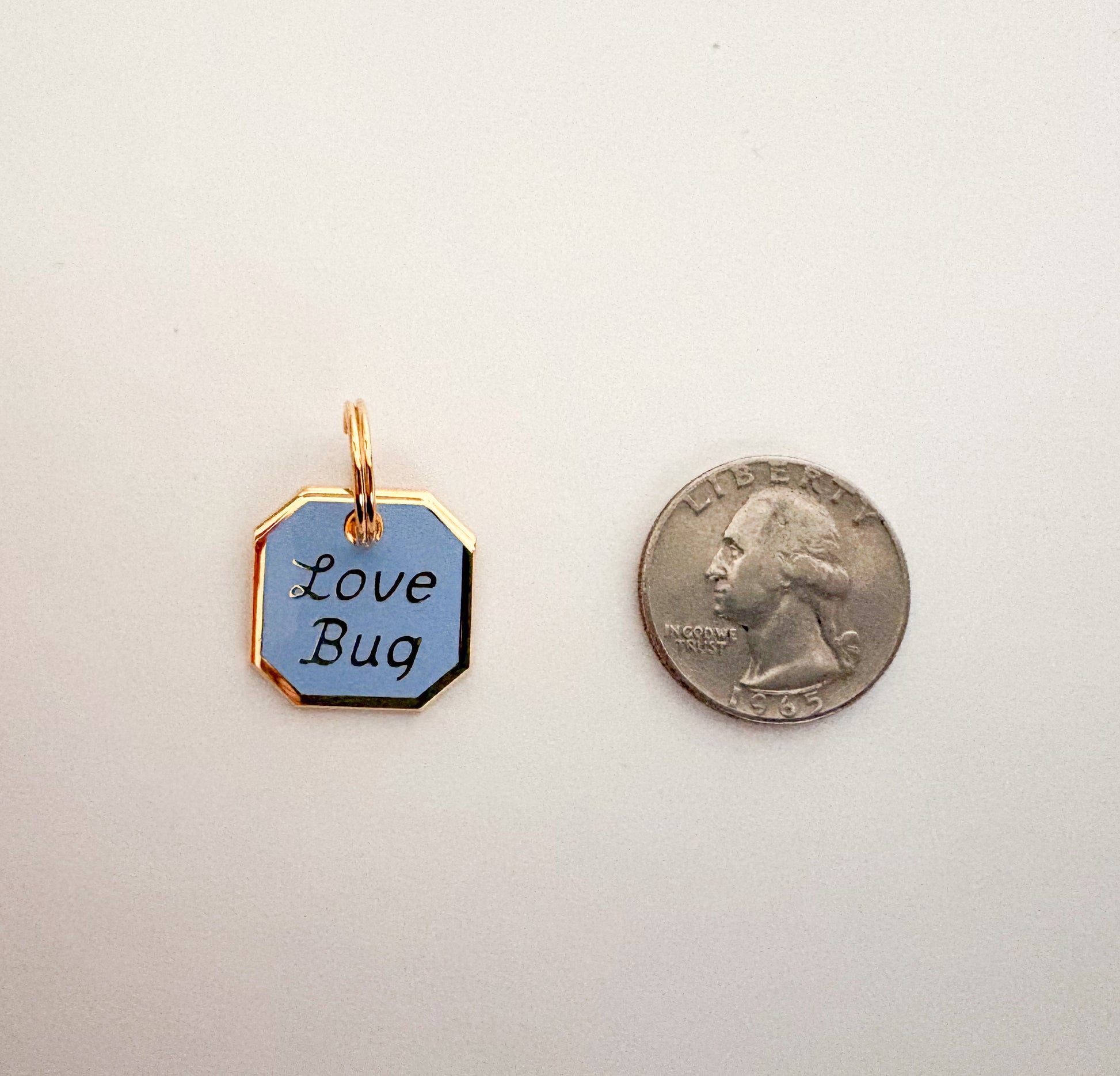 Small blue pet collar charm with 'Love Bug' text next to a quarter on a white background