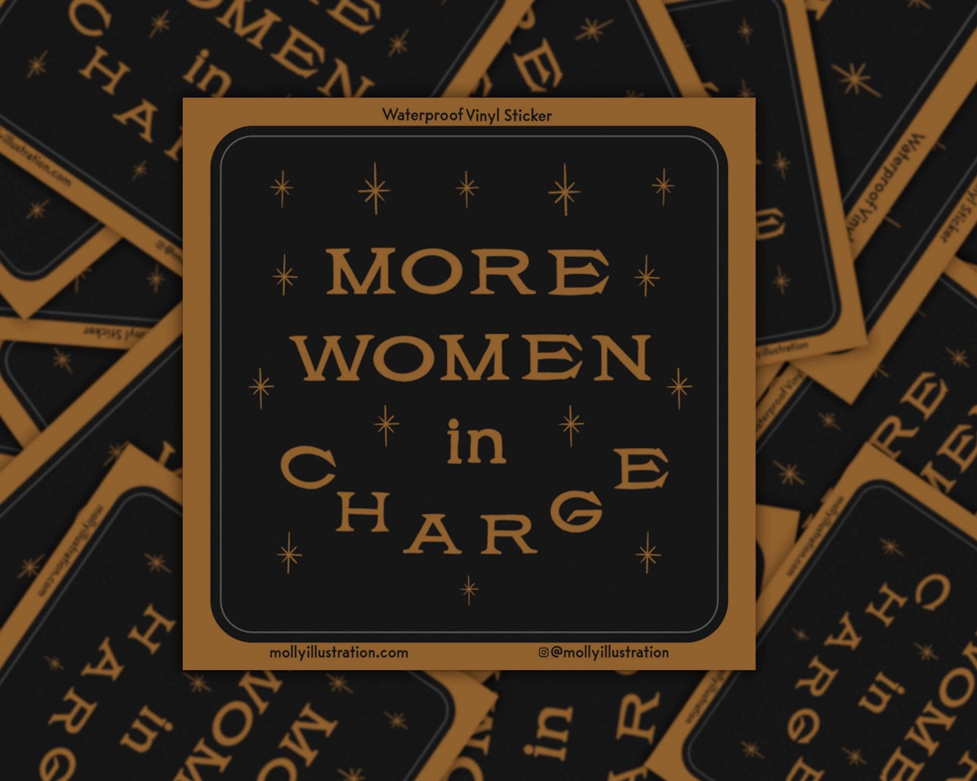 A kiss cut vinyl waterproof sticker that reads "More Women in Charge." it is black and gold.