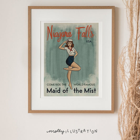 an illustrated art print that shows a pin up girl that reads "Niagara Falls, USA. Come ride the world famous Maid of the Mist."