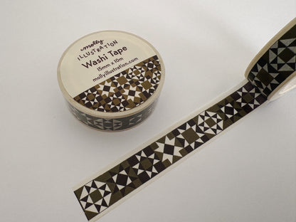 Olive and black quilted washi tape on a white background