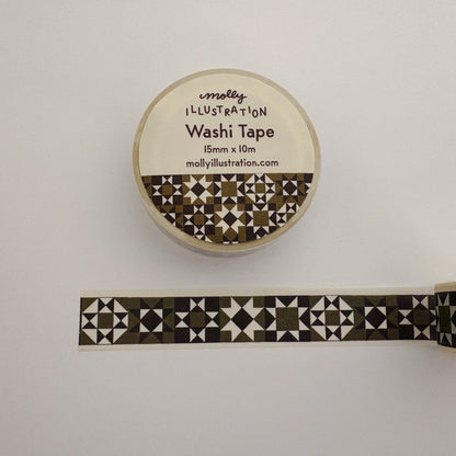 Washi tape with geometric quilt pattern and 'molly illustration' branding on a white background