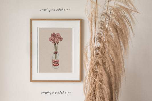 an illustrated art print that shows an illustrated visniak soda bottle holding cherry blossom flowers.