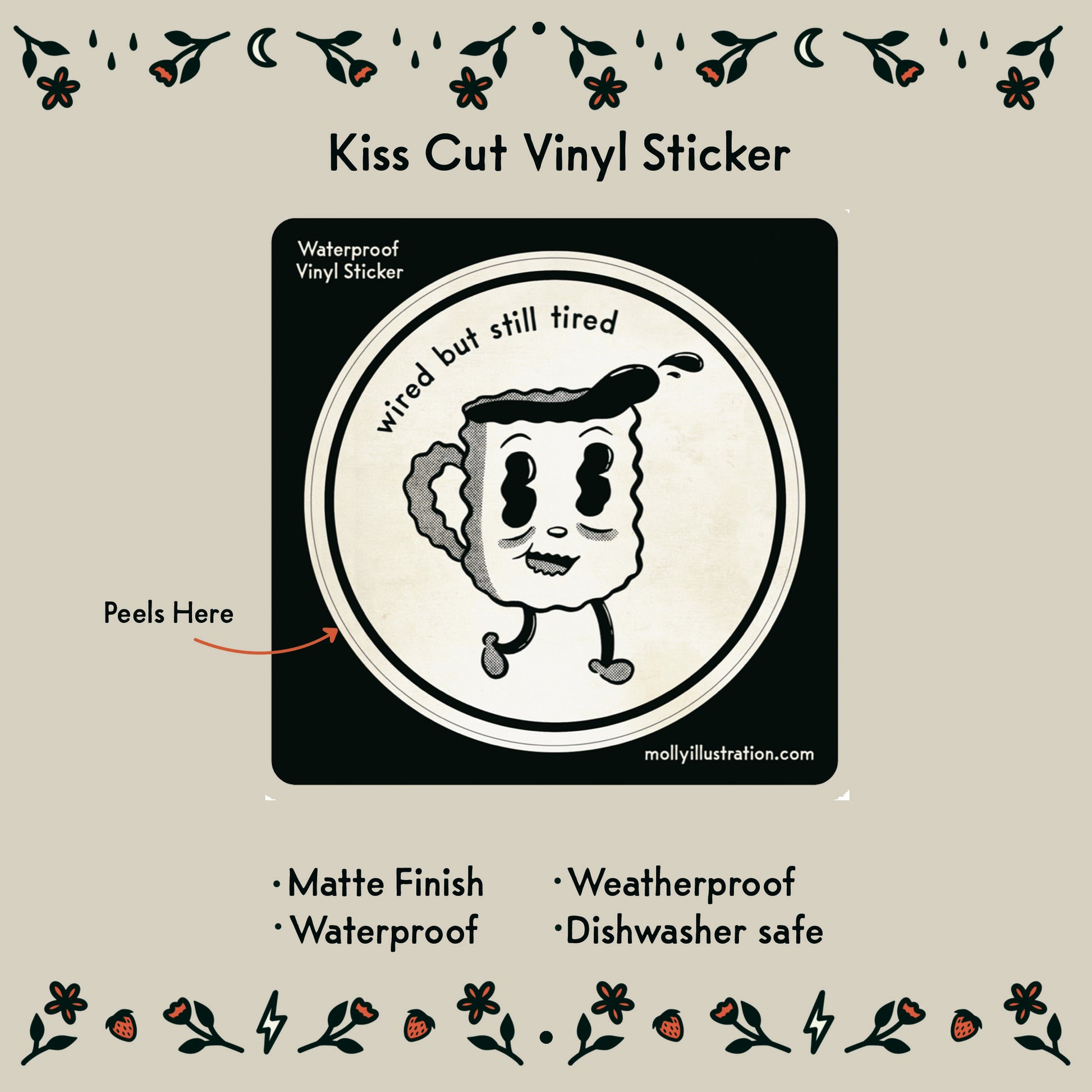 a waterproof vinyl sticker of a rubber hose style cartoon coffee cup that is jittery.