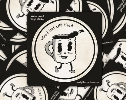 a waterproof vinyl sticker of a rubber hose style cartoon coffee cup that is jittery.