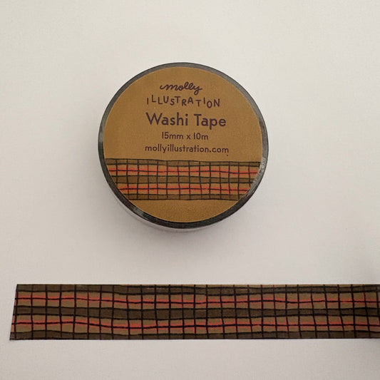 Dark green and red wonky plaid washi tape on a white background.