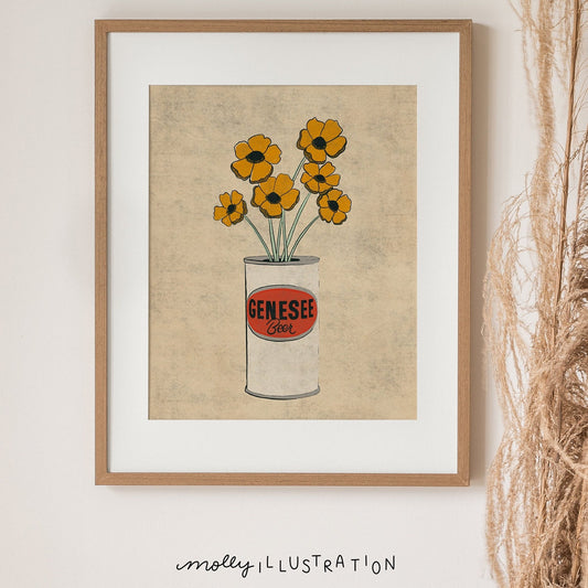 An illustrated art print of a beer can used as a vase to hold yellow flowers.